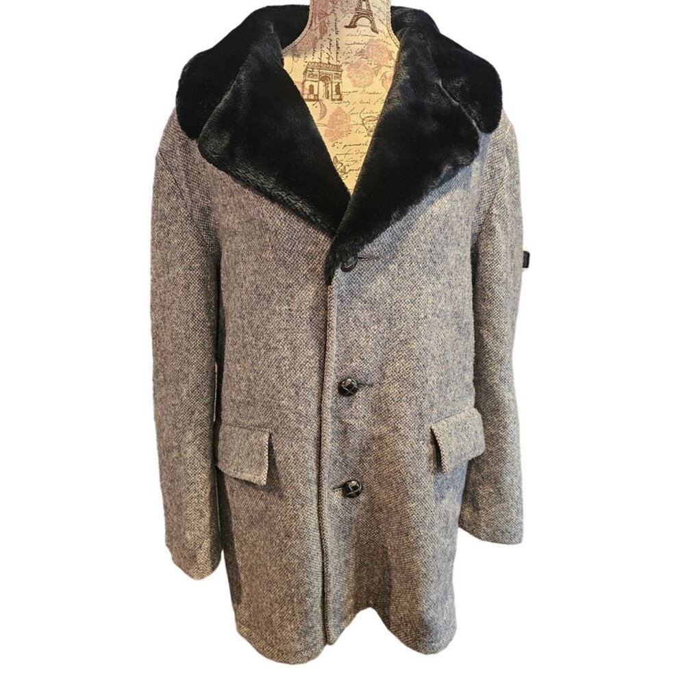 Fox Knapp Mens Wool Faux Fur Pea Coat Blue Grey Sz 44 Made in USA Winter Jacket